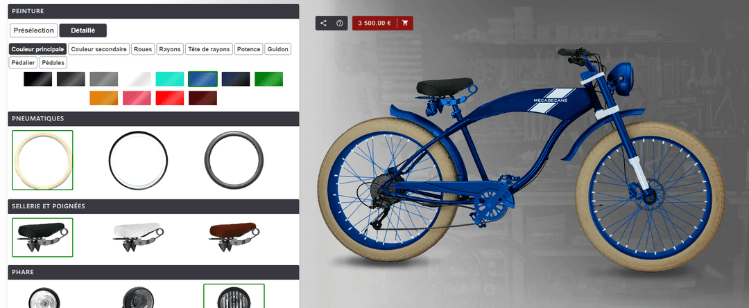 Photo du configurateur mecabecane montrant un beach cruiser bleu et blanc